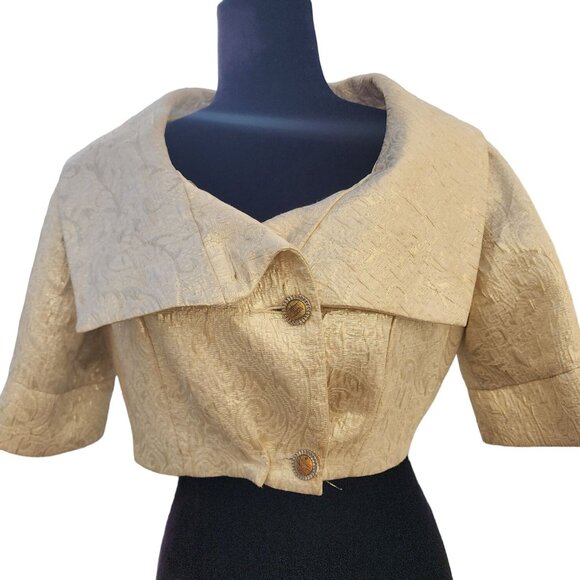 Luxurious Gold Brocade Jacquard Designer Jacket Cardigan Coat Bolero Cover Cape - Picture 8 of 16